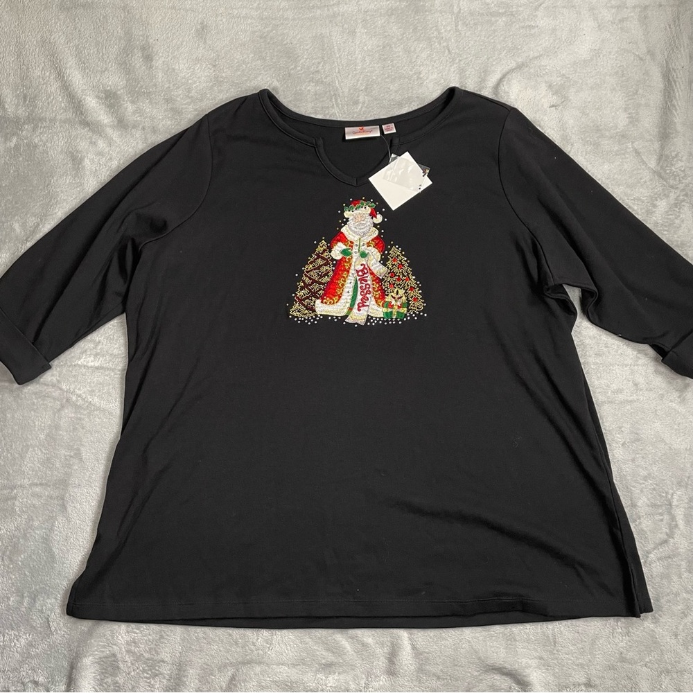 Christmas Santa Shirt 2X NWT Quacker Factory Blessed Notch Neck Sequin Black